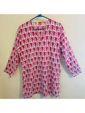 Roberta Roller Rabbit Monkey Print Cotton Kurta Tunic Top Size Large Beachwear
